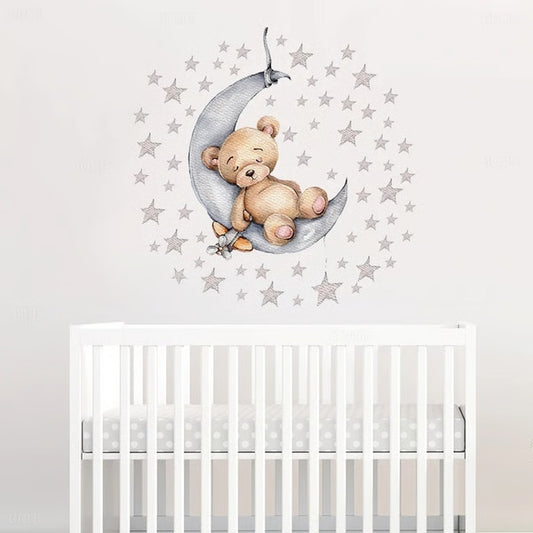 Adorable Cartoon Teddy Bear Sleeping on Moon & Stars Wall Stickers: Perfect Baby Room Decor
