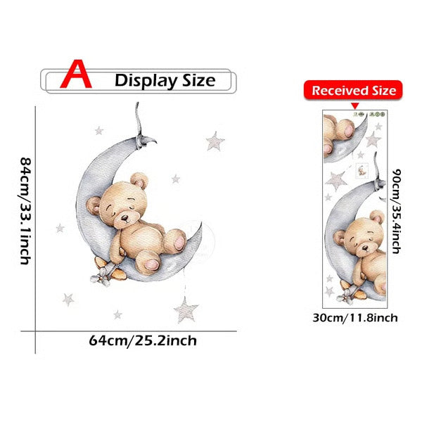 Adorable Cartoon Teddy Bear Sleeping on Moon & Stars Wall Stickers: Perfect Baby Room Decor