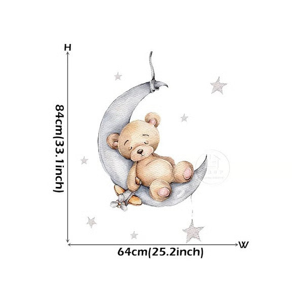 Adorable Cartoon Teddy Bear Sleeping on Moon & Stars Wall Stickers: Perfect Baby Room Decor