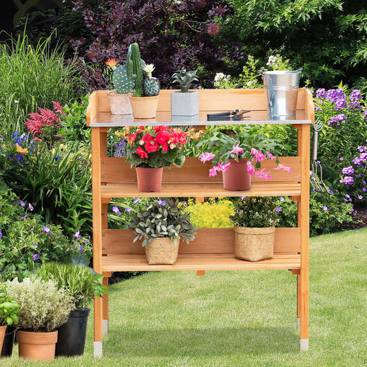 Garden Wooden Potting Bench Work Station with Hook, Sturdy & Spacious