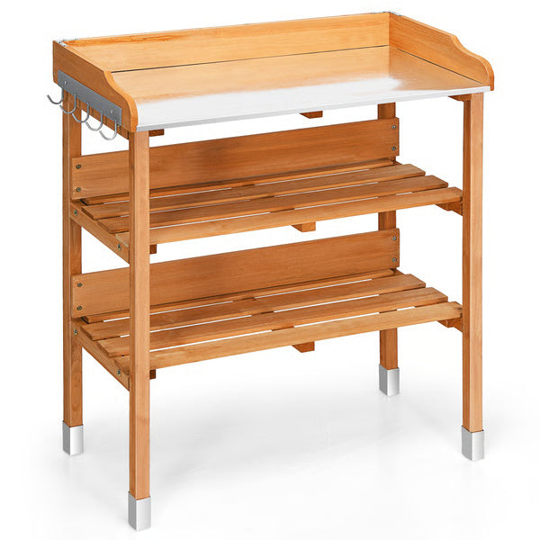 Garden Wooden Potting Bench Work Station with Hook, Sturdy & Spacious