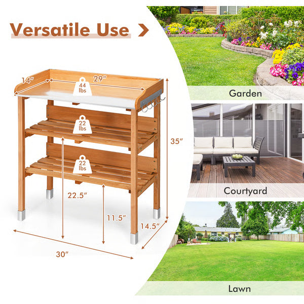 Garden Wooden Potting Bench Work Station with Hook, Sturdy & Spacious