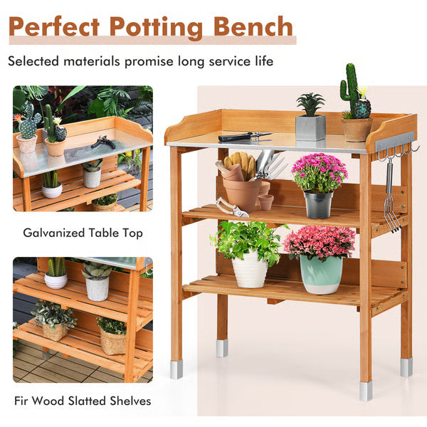 Garden Wooden Potting Bench Work Station with Hook, Sturdy & Spacious