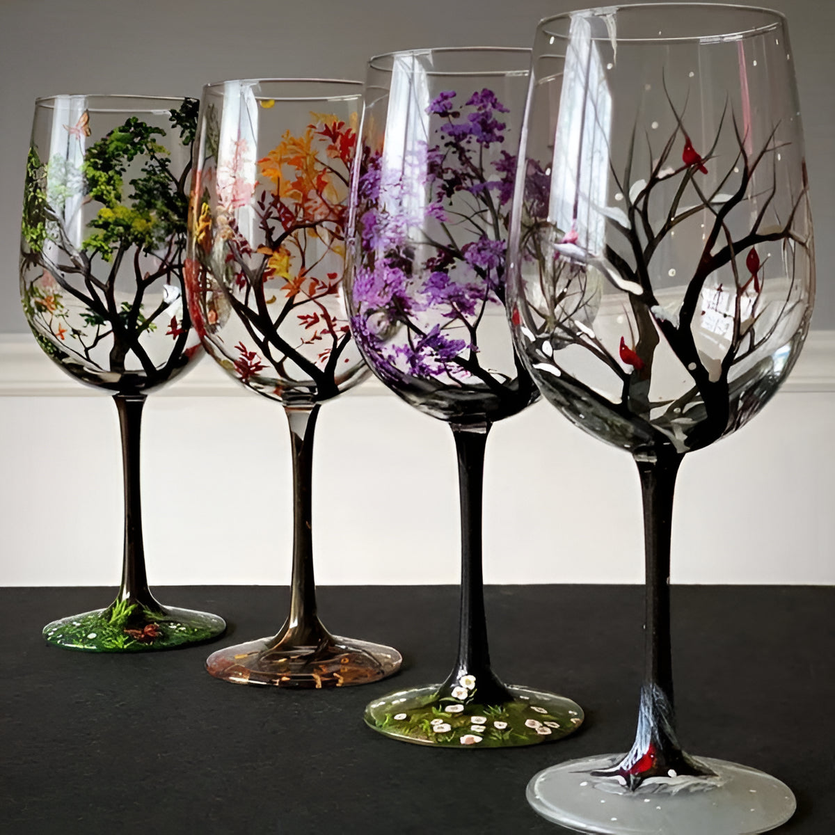 Four Seasons Tree Wine Glasses, Hand Painted Art Design