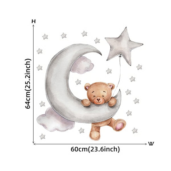 Adorable Cartoon Teddy Bear Sleeping on Moon & Stars Wall Stickers: Perfect Baby Room Decor