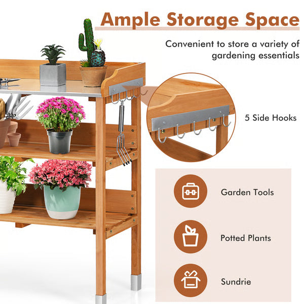 Garden Wooden Potting Bench Work Station with Hook, Sturdy & Spacious