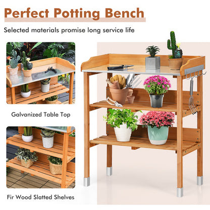 Garden Wooden Potting Bench Work Station with Hook, Sturdy & Spacious