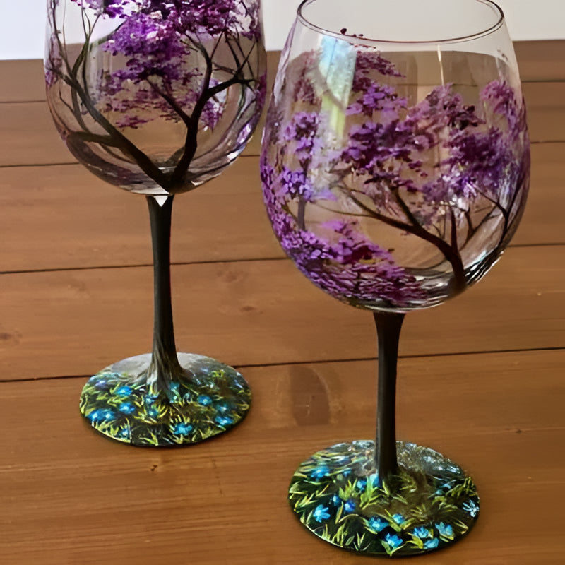 Four Seasons Tree Wine Glasses, Hand Painted Art Design
