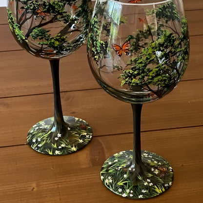 Four Seasons Tree Wine Glasses, Hand Painted Art Design
