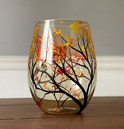 Four Seasons Tree Wine Glasses, Hand Painted Art Design