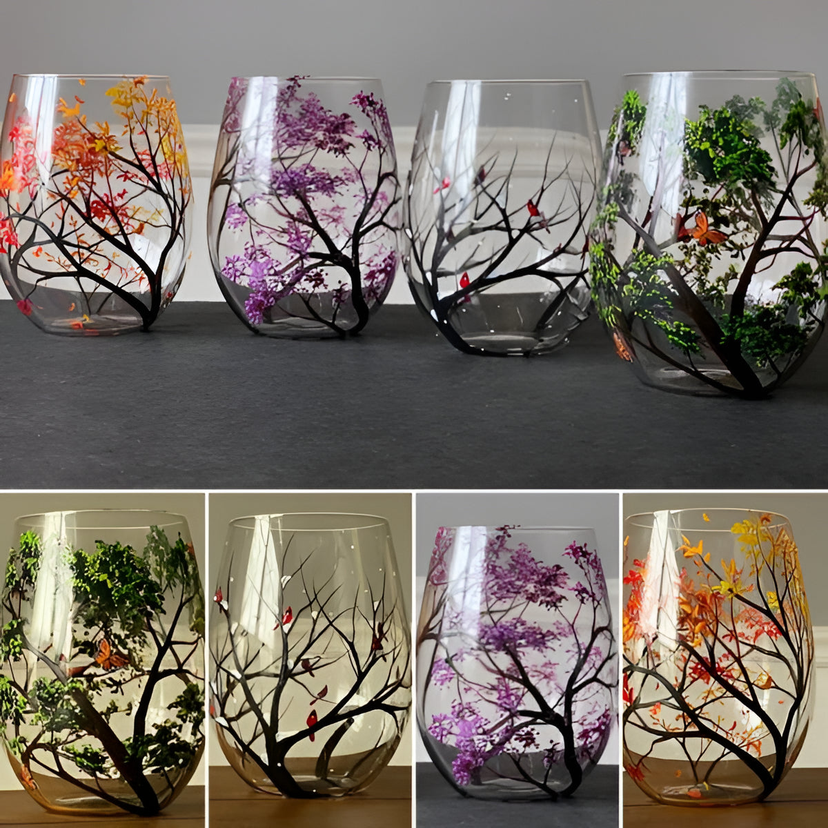 Four Seasons Tree Wine Glasses, Hand Painted Art Design