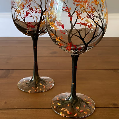 Four Seasons Tree Wine Glasses, Hand Painted Art Design