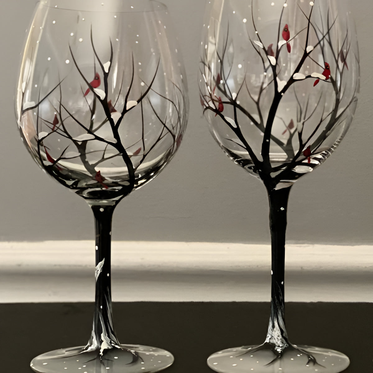 Four Seasons Tree Wine Glasses, Hand Painted Art Design